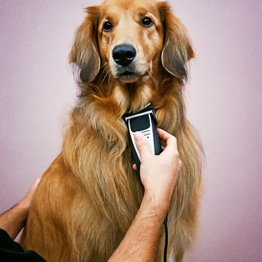 A dog having its coat clipped, hands only in frame
